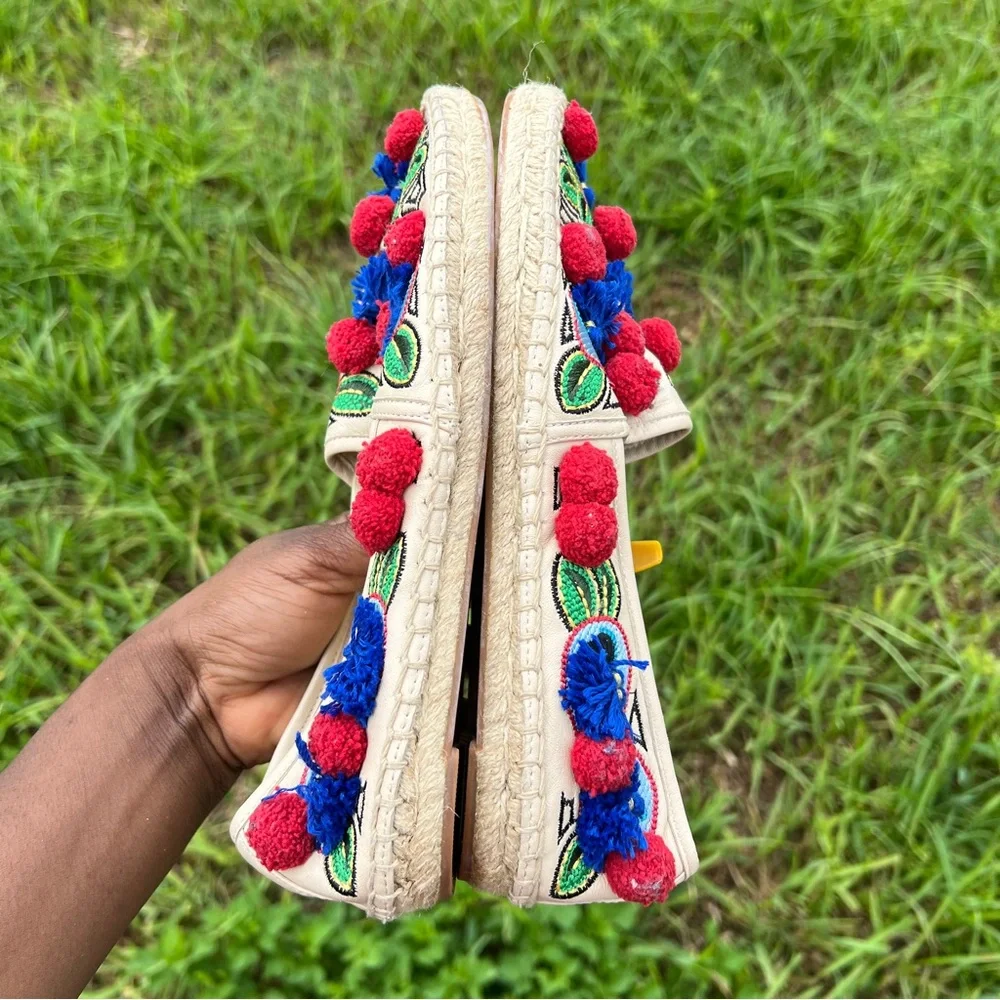 Tory Burch Ellis Pom Pom Embroidered Espadrille Flats Leather Textile Shoes 7.5 - Picture 5 of 11